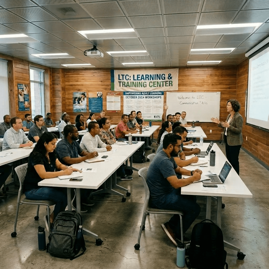 Adults seated in a classroom attending a communication skills workshop at LTC Learning & Training Center